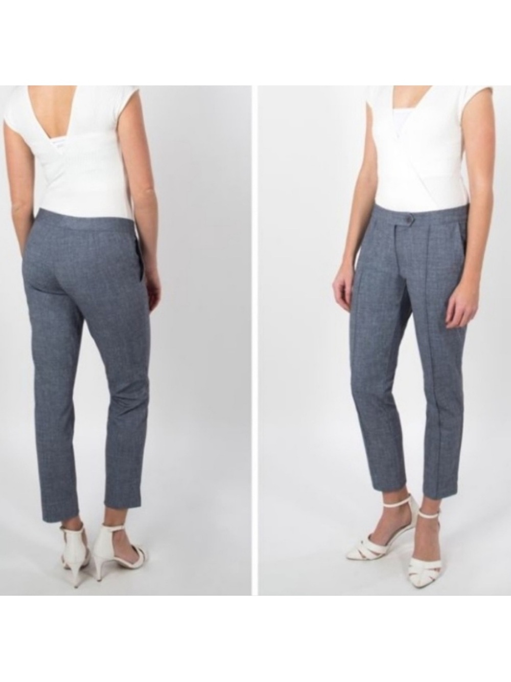 Betabrand Audrey Straight Leg Ankle Dress Pants Front Pockets 10 Long Blue Linen